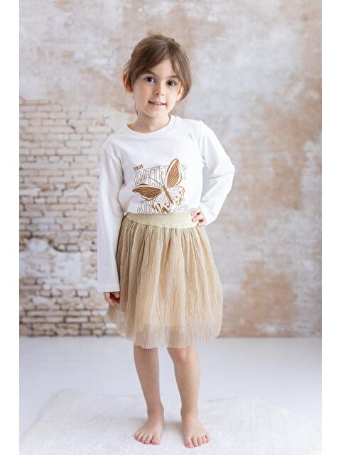 MİNİNİO Kız Bebek Baskılı Tişört Etek İkili Takım - Bej - S000325956-19928