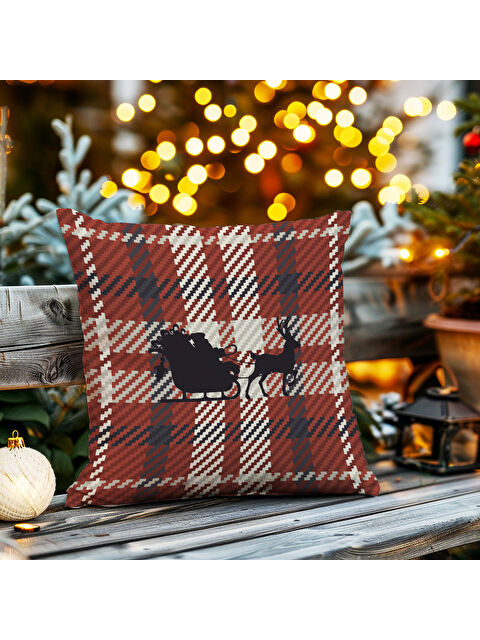 Evmila Yılbaşı Temalı Ekose Desenli 43x43 Kare Kadife Kırlent Kılıfı - S000291938-23173