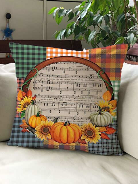 Evmila Sonbahar Temalı 43x43 Kadife Kırlent Kılıfı - S000291956-23173