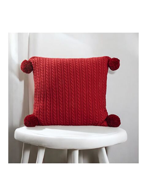 Asdiva Örgü Model Kırmızı Ponponlu Handmade Dekoratif Kırlent Kılıfı - S000350759-20045
