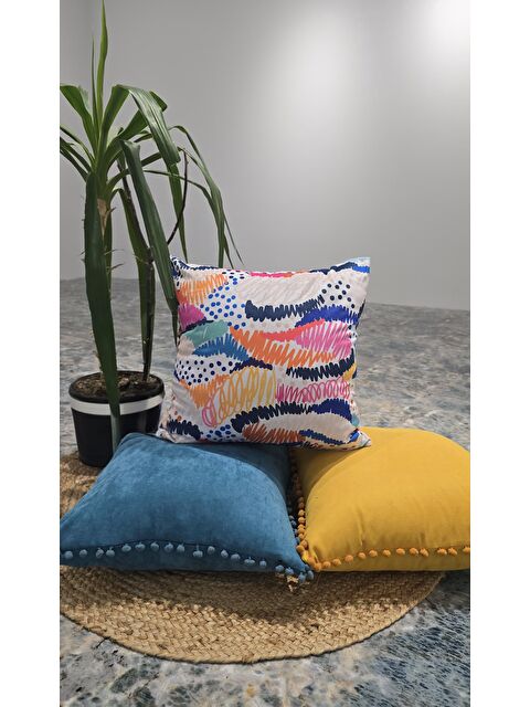 Asdiva Renkli Desen Ponponlu düz  Dekoratif Modern 3 lü Kırlent Seti - S000349928-37374