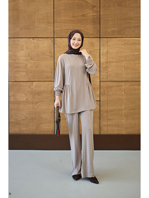 Locco Moda Kadın Önü Çima Ve Büzgü Detay İkili Takım Vizon - S000530542-26429