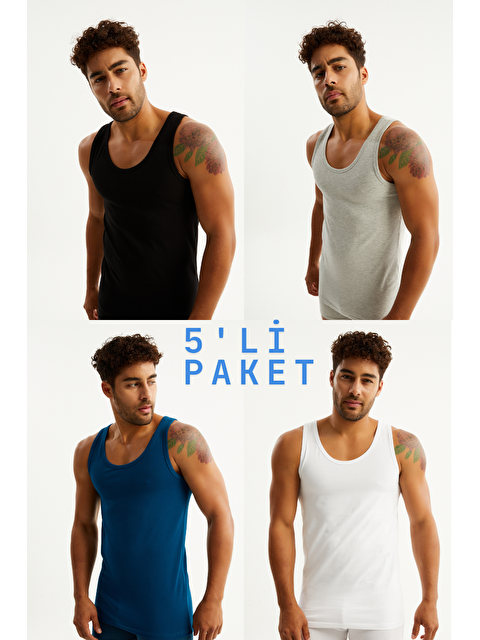 Elvense Erkek Karışık Renk 5'li Paket % 100 Pamuklu Elastanlı Kutulu Atlet - S000486650-23173