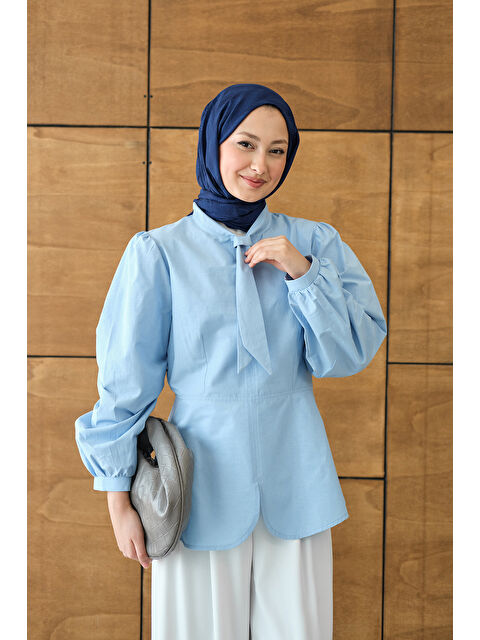 Locco Moda Kadın Fular Yaka Detaylı Kısa Gömlek Mavi - S000530541-17234