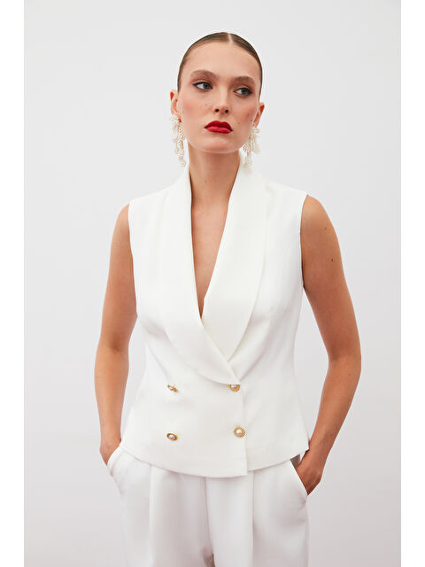 SATEEN Düğme Detaylı Yelek - Ekru - S000324356-19965