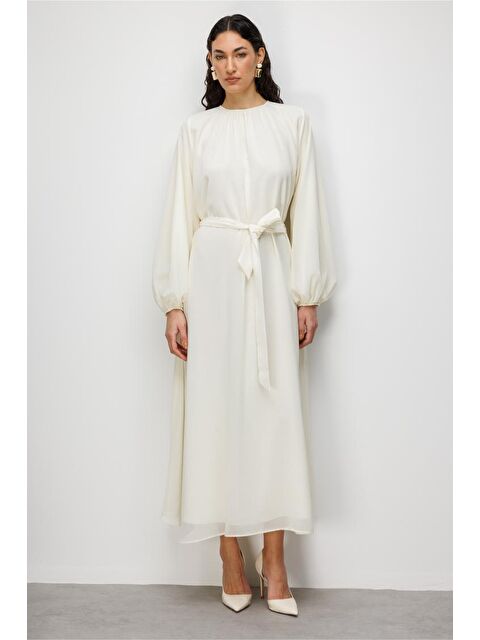 Mizalle Balon Kollu Kuşaklı Ekru Maksi Şifon Elbise - S000530545-19965