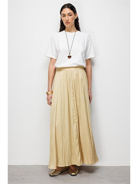 Mizalle Sarı Kırışık Görünümlü Saten Maksi Etek - S000530546-20072