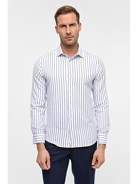 Süvari Mavi Slim Çizgili Klasik Yaka Gömlek