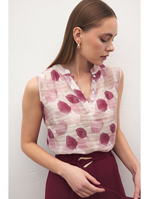 SATEEN Kolsuz V Yaka Bluz - Mürdüm - S000530549-20036