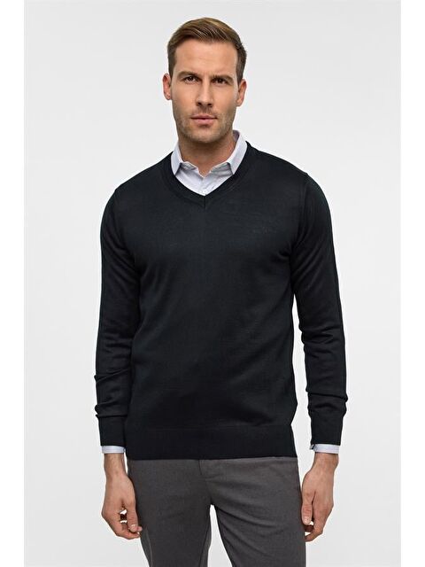 Süvari Siyah Regular Düz V Yaka Triko