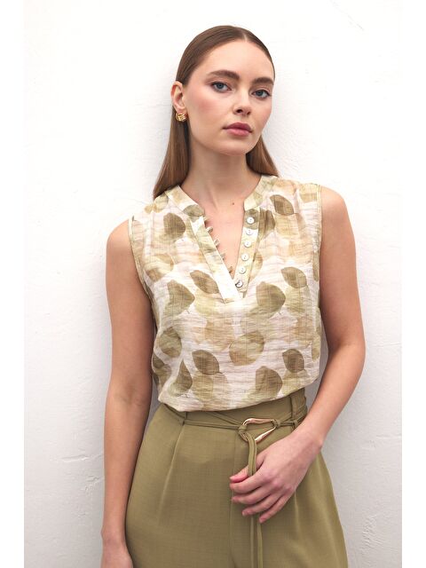 SATEEN Kolsuz V Yaka Bluz - Haki - S000530549-18547