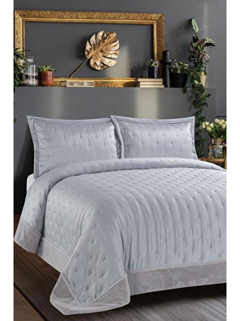 Çeyiz Diyarı Sepora İpek Saten Çift Kişilik Yatak Örtüsü Gri