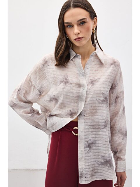 SATEEN Kolu Katlamalı İnce Gömlek - Gri - S000530550-20600