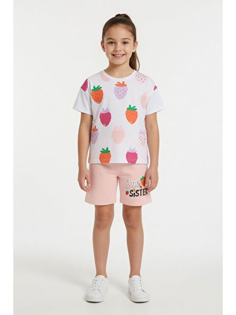 Cansın Mini Somon Meyve Desenli Tişörtlü Kız Çocuk Şortlu Yazlık Takım 23963