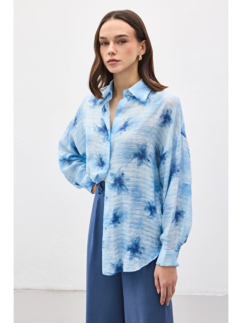 SATEEN Kolu Katlamalı İnce Gömlek - Mavi - S000530550-17234