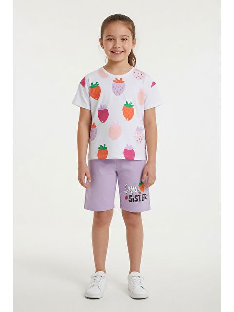Cansın Mini Lila Meyve Desenli Tişörtlü Kız Çocuk Şortlu Yazlık Takım 23828