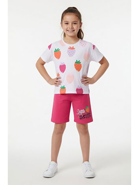Cansın Mini Fuşya Meyve Desenli Tişörtlü Kız Çocuk Şortlu Yazlık Takım 23850