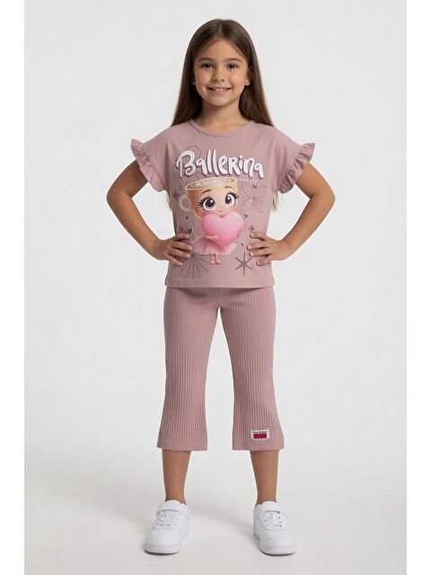 Cansın Mini Gül Kurusu Karakter Baskılı Tişörtlü Fitilli Pantolonlu Kız Çocuk 2li Takım 23831