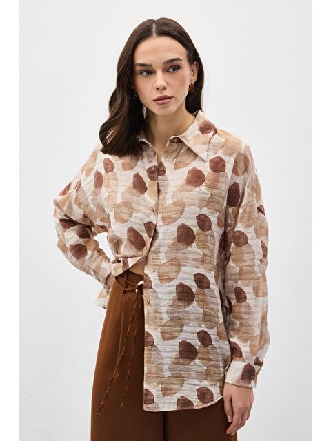 SATEEN Kolu Katlamalı İnce Gömlek - Kahve - S000530551-19413