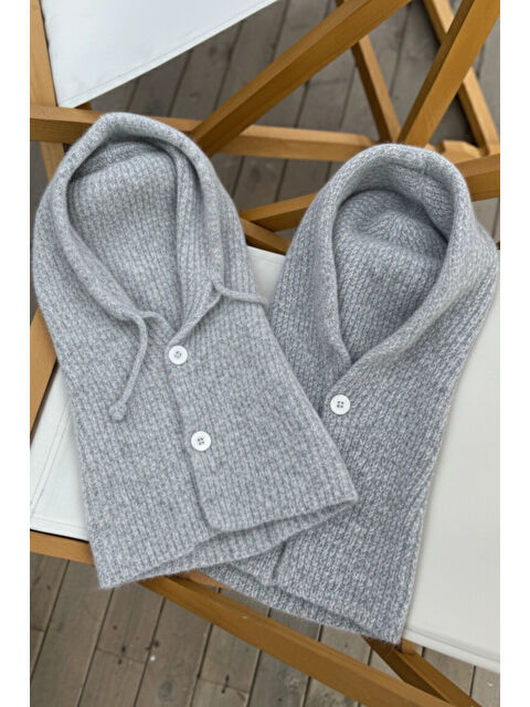 eka Kadın Gri Triko Düğmeli Balaklava Bere 594-14800 - S000492409-20600