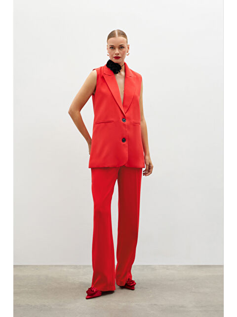 SATEEN Pile Detaylı Salaş Pantolon - Kırmızı