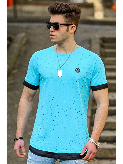 Madmext Turkuaz Yırtık Detaylı Erkek %100 Pamuk Tişört 4489 - S000038424-20055