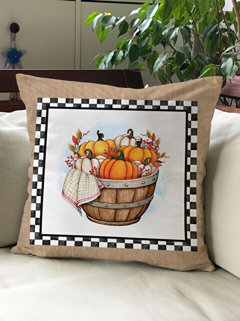 Evmila Sonbahar Temalı 43x43 Kadife Kırlent Kılıfı - S000291988-23173