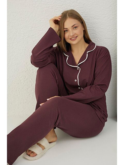 Elitol Büyük Beden Pamuklu Düğmeli Pijama Takım - S000169834-20036