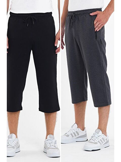 Mmetalic Erkek 2'Li Cepleri Fermuarlı Siyah-Antrasit Bermuda Diz Altı Kapri Beli Ayarlanabilir Lastikli Uzun - S000230752-37421