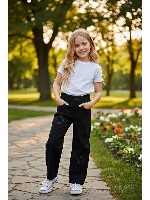 Fullamoda %100 Pamuk Taşlı Yıldız Nakışlı Palazzo Kız Çocuk Pantolon - S000497138-19351