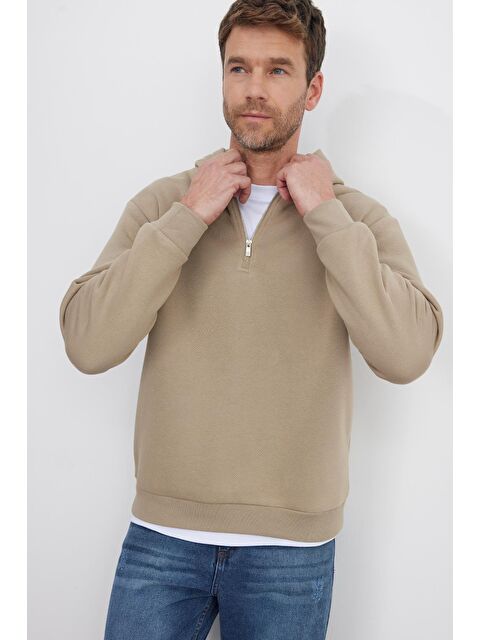 TUDORS Unisex Relax Fit Rahat Kesim Pamuklu İçi Polarlı Yarım Fermuarlı Gri Kapüşonlu Sweatshirt - S000494580-19928