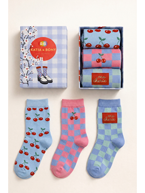 Katia And Bony Kadın 3'Lü Kiraz Desenli Kutulu Soket Çorap