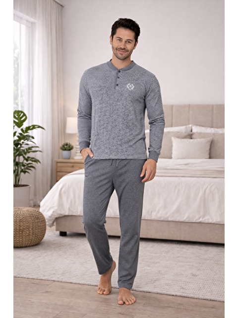 Formo PREMIUM Erkek %100 Doğal Pamuk Çizgili Yüksek Kalite Düğmeli Sıfır Yaka Cepli Pijama Takımı - S000502624-29666