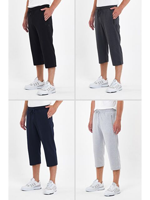 Mmetalic Erkek 4'Lü Cepleri Fermuarlı Bermuda Diz Altı Büyük Beden Kapri Lastikli Uzun Büyük Beden Şort - S000230752-2595