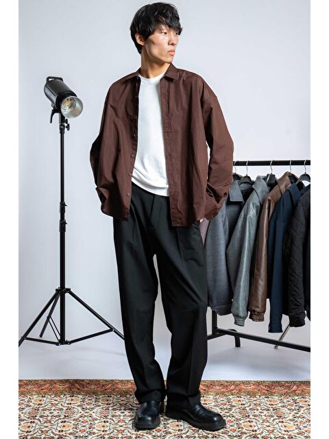 Abluka Online Erkek Oversize Uzun Kollu Basic Gömlek Kahverengi - S000491644-19413