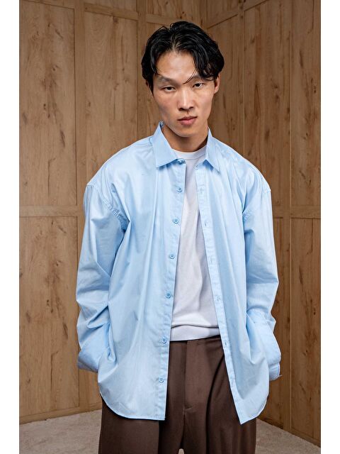 Abluka Online Erkek Oversize Uzun Kollu Basic Gömlek Açık Mavi - S000491644-17437