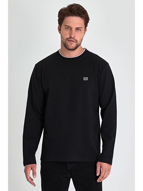 Mmetalic Erkek Siyah Çift Bisiklet Yaka Baskı Detaylı Standart Rahat Kesim Büyük Beden Sweatshirt - S000232141-19351