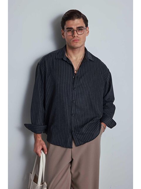 Abluka Online Erkek Oversize Çizgili Uzun Kollu Gömlek Siyah - S000481843-19351