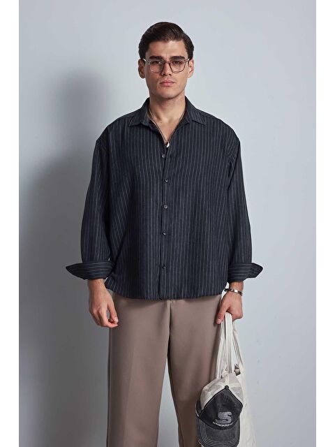 Abluka Online Erkek Oversize Çizgili Uzun Kollu Gömlek Siyah - S000481843-19351