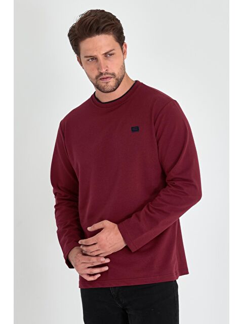 Mmetalic Erkek Bordo Çift Bisiklet Yaka Baskı Detaylı Standart Rahat Kesim Büyük Beden Sweatshirt - S000232141-19951