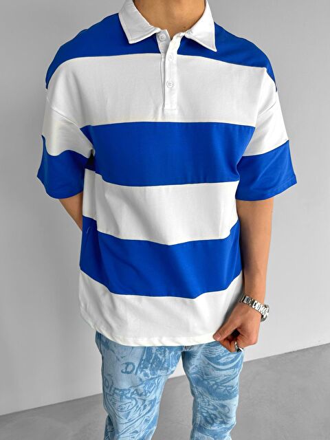 Abluka Online Erkek Oversize Renk Bloklu Polo Yaka Tişört Saks Mavi - S000155209-23710