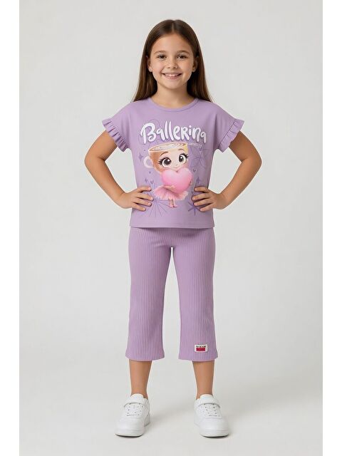 Cansın Mini Lila Karakter Baskılı Tişörtlü Fitilli Pantolonlu Kız Çocuk 2li Takım 23830