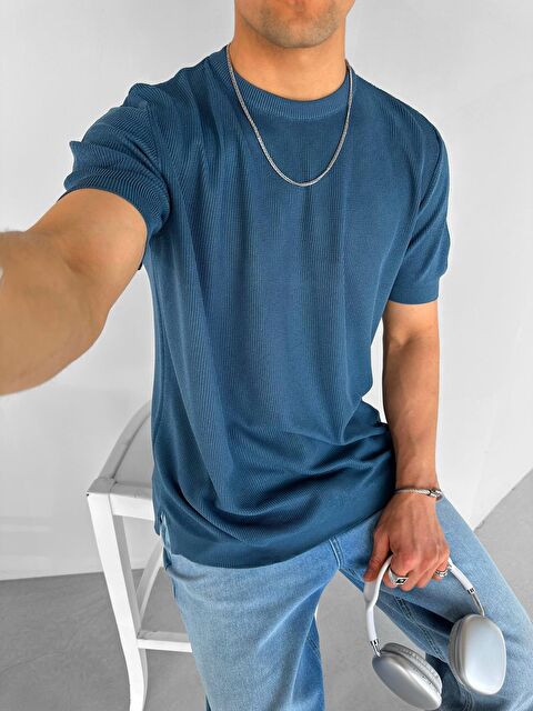 Abluka Online Erkek Regular Fit Bisiklet Yaka Esnek Triko Tişört İndigo - S000144610-23093