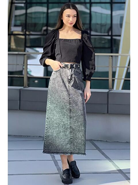 Gülseli Püsküllü Midi Jean Etek - S000312086-29666
