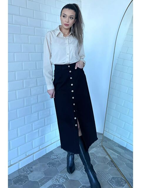 Gülseli Püsküllü Düğme Detaylı Jean Etek - S000312089-19351