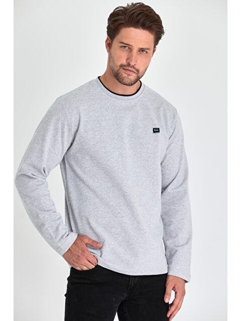 Mmetalic Erkek Gri Çift Bisiklet Yaka Baskı Detaylı Standart Rahat Kesim Büyük Beden Sweatshirt - S000232141-20600