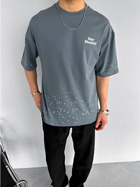 Abluka Online Erkek Oversize Dokulu Baskılı %100 Pamuk Tişört Gri - S000144339-20600