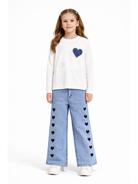 Cansın Mini Ekru Kalp Desenli Badili Jean Pantolonlu Kız Çocuk 2li Takım 23745