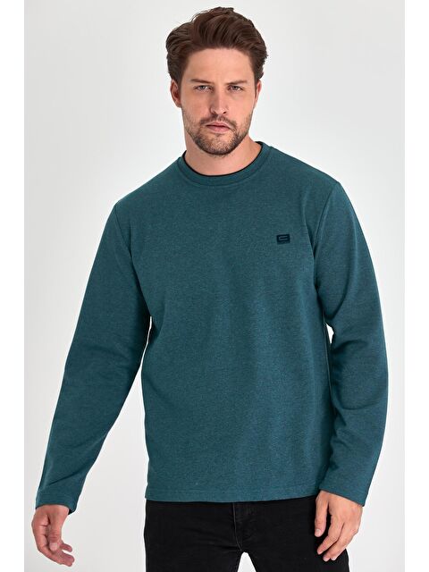 Mmetalic Erkek Petrol Çift Bisiklet Yaka Baskı Detaylı Standart Rahat Kesim Büyük Beden Sweatshirt - S000232141-20019