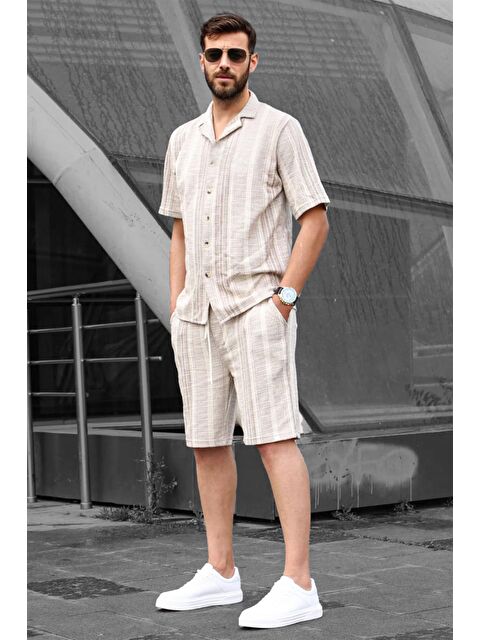 Madmext Mint Yeşili Çizgili Erkek Şort %100 Pamuk Takımı 6701 - S000056829-17259